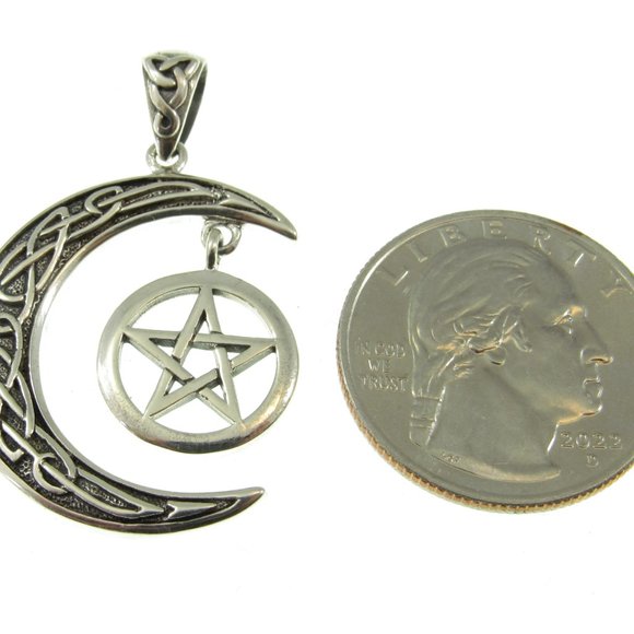Handcrafted Solid 925 Sterling Silver Pentacle in Celtic Crescent Moon Pendant - Picture 2 of 5